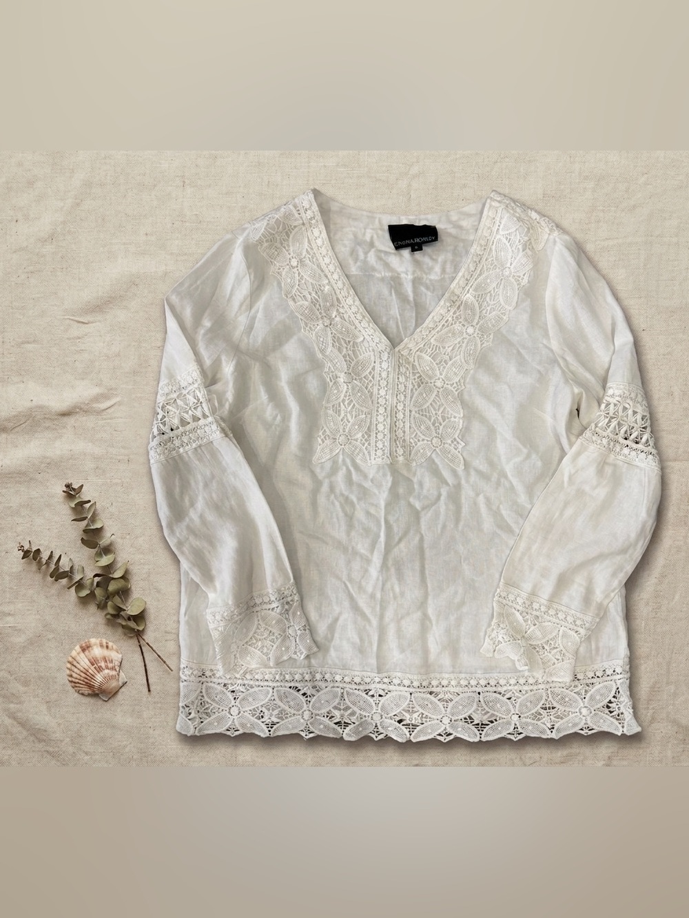 Cynthia Rowley Linen Blend White Lace-Trim V-Neck Tunic Small